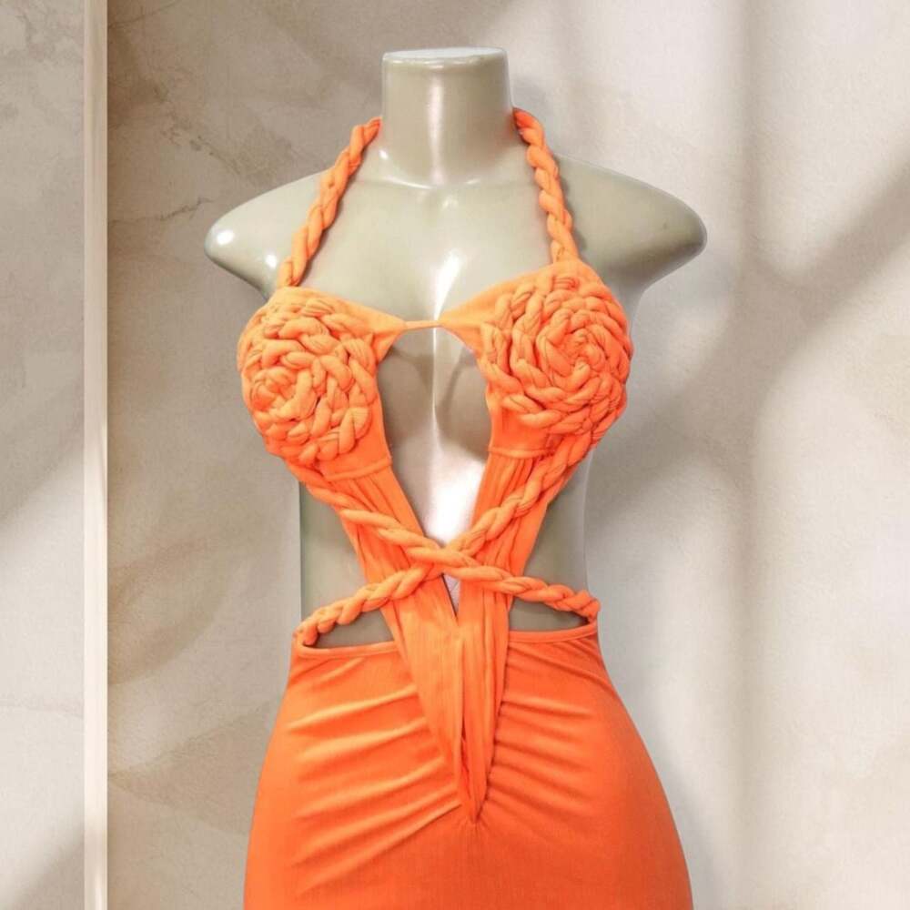 Orange Cutout Maxi Dress – Halter Neck Braided Detail Bodycon w/ High Slit Sexy - Picture 2 of 4